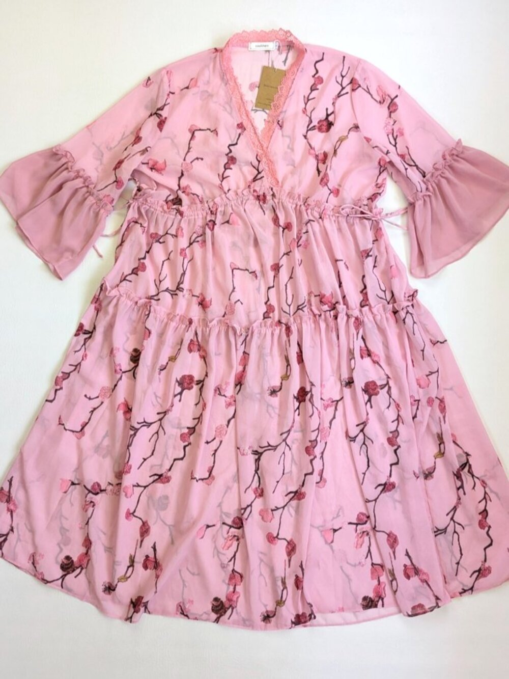 NWT Soolinen Sheer Tiered Chiffon Midi Dress Pink Floral Dress L Coquette